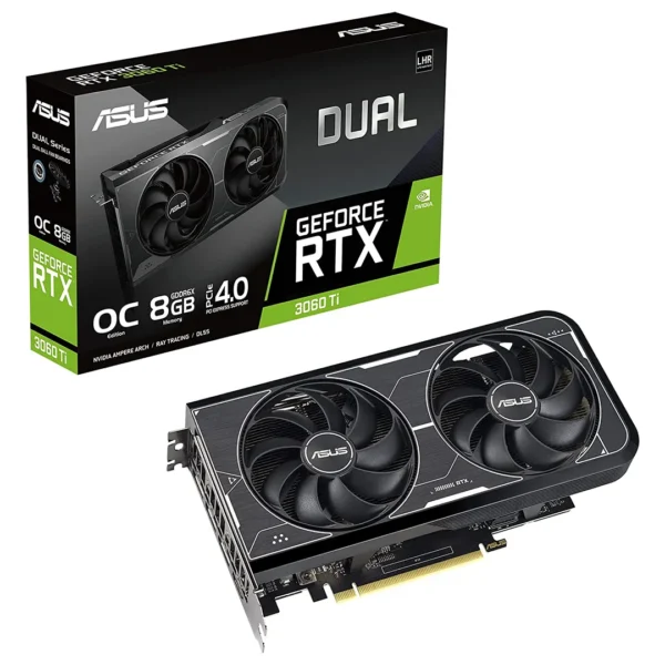 ASUS DUAL NVIDIA GeForce RTX 3060TI OC Edition Graphics Card PCIe 4.0, 8GB GDDR6X, HDMI 2.1, DisplayPort 1.4a, Dual ball fan Bearings, Axial-tech fan design KSP, 0dB technology (90YV0IP0-M0NA00)